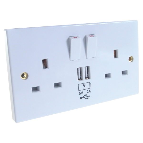 2 way UK power socket with USB charging plate White