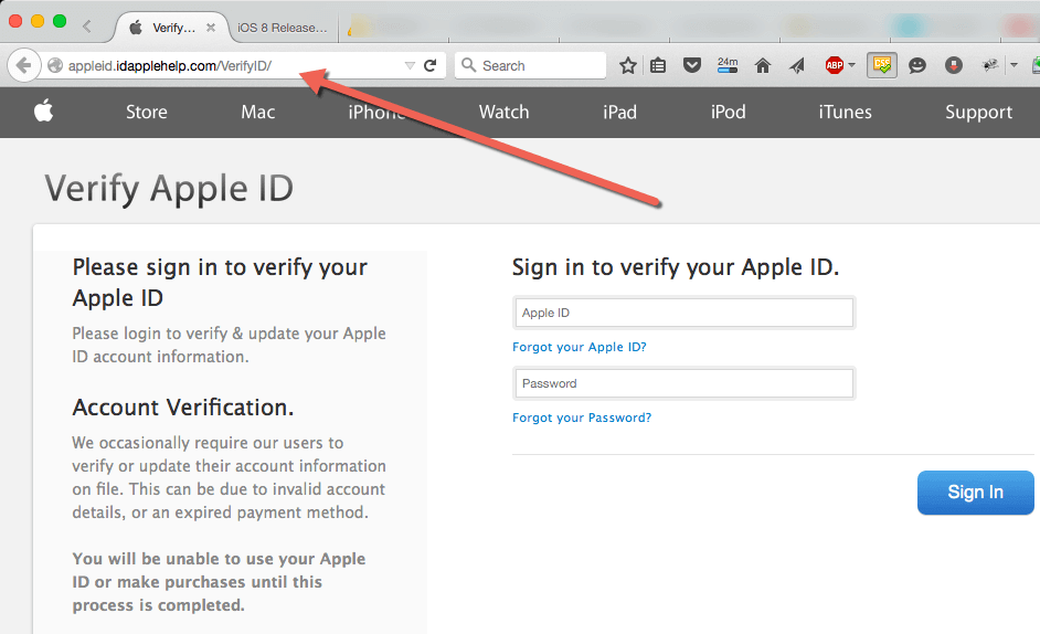 An example of a scam website, designed to look like an official Apple website.
