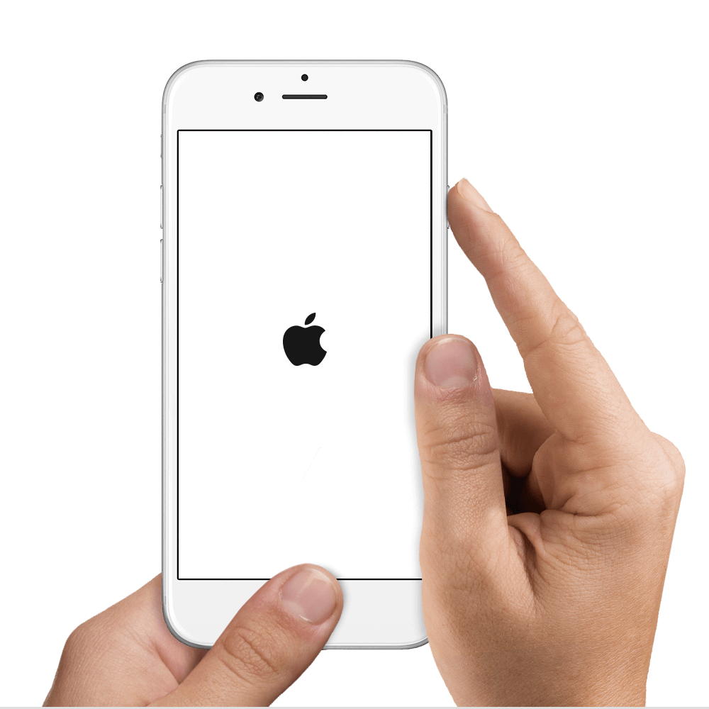 2 hands holding an iPhone 6. The left hand is pressing the home button while the right hand is pressing the power button.