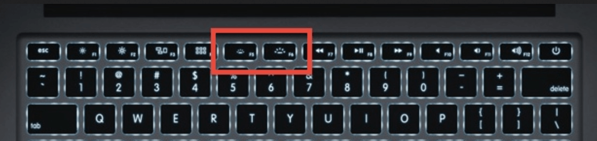 A photo of the Mac keyboard, highlighting the keys which will allow you to adjust the backlighting.