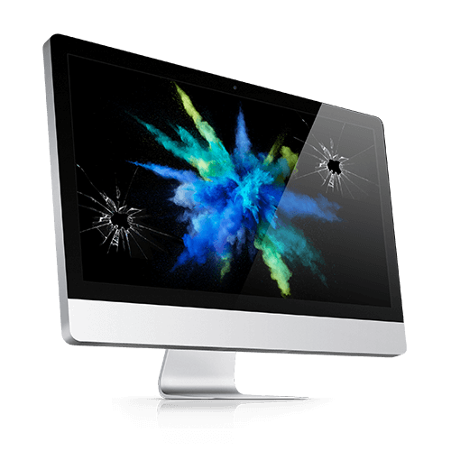 A picture of an apple iMac with a broken screen.