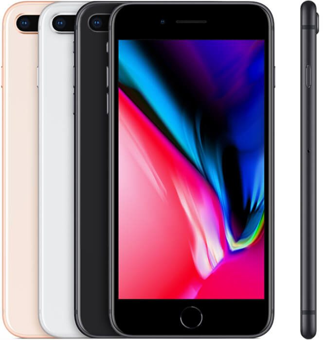 multiple iPhones 8 Plus, showing the back of a gold, silver, and a Space gray one, as well as the front and side views.