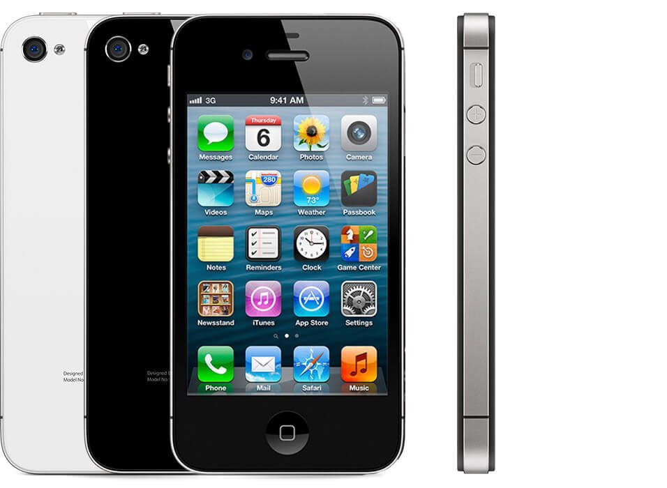 multiple iPhones 4s, showing the back of a black one and a white one, as well as the front and side views.