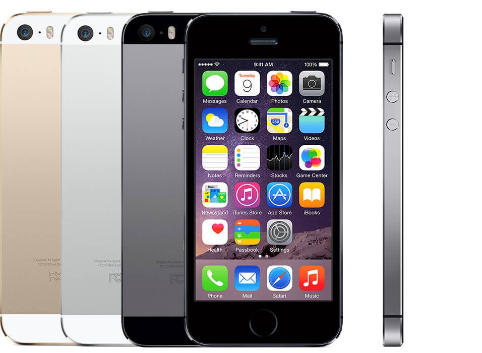 multiple iPhones 5S, showing the back of a gold, silver, and a Space gray one, as well as the front and side views.