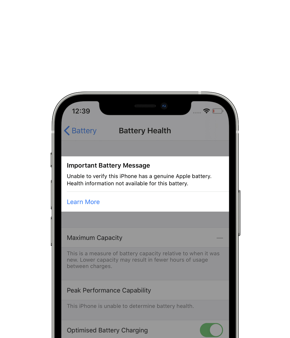 A warning on an iPhone which says that the iPhone is unable to verify if the battery has a genuine Apple battery installed