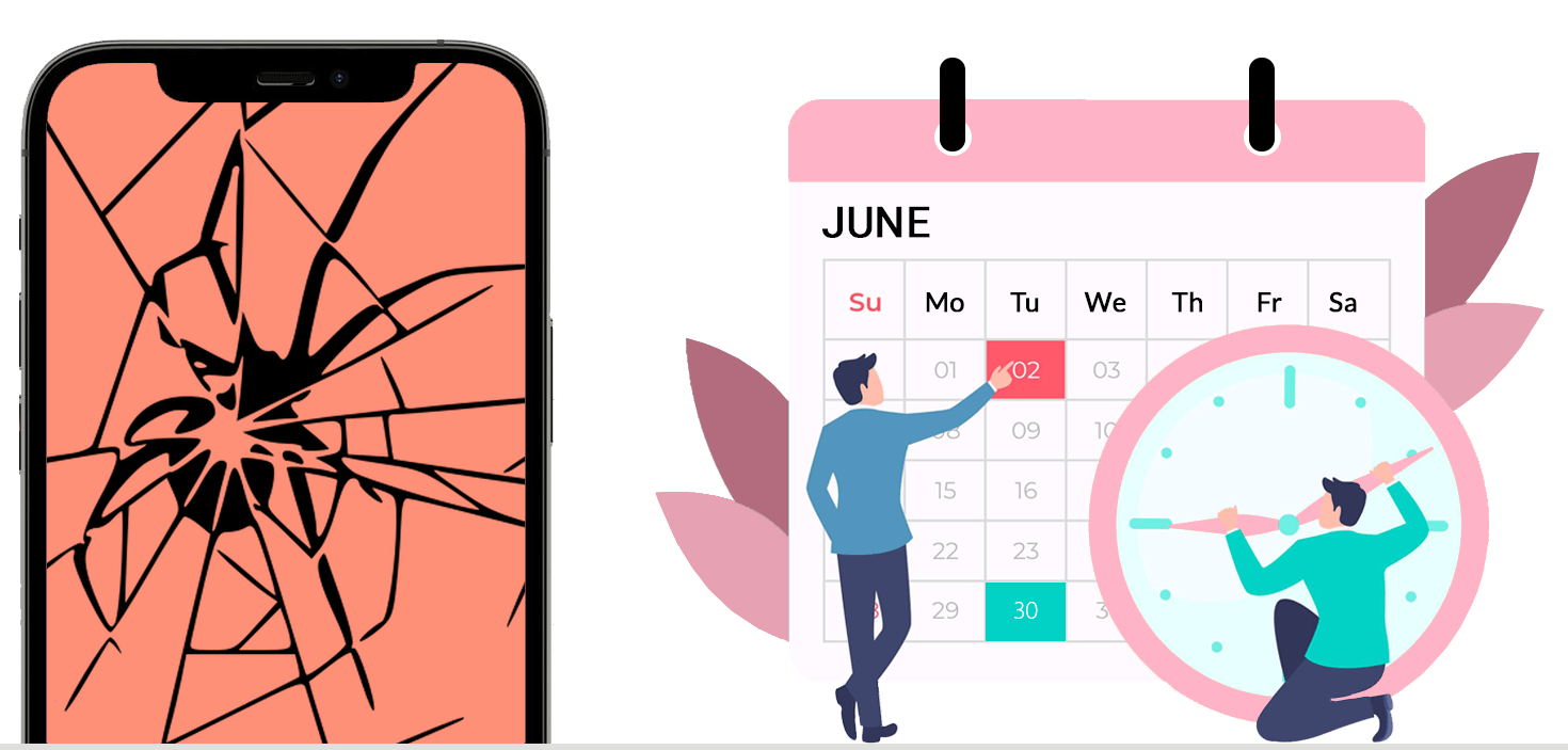 An iPhone on the left with a broken screen. On the right is a calendar and a clock to indicate that payment has been pushed back 30 days
