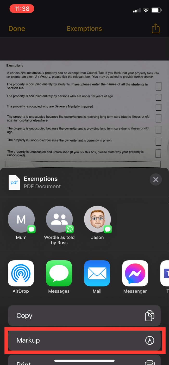 iPhone Markup menu for the scanned document