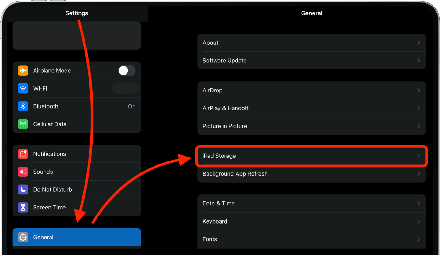 the settings page of an iPad, showing that you can view the iPad storage details by going to Settings and then General.