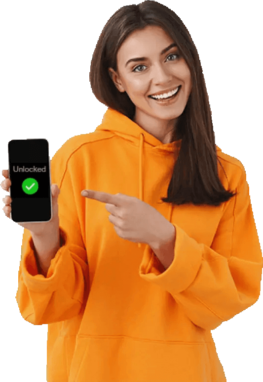 Woman with orange hoodie. She is holding an iPhone in her right hand and pointing to it with her left. The word, unlocked, is on the iPhone screen along with a white tick mark inside a green circle.
