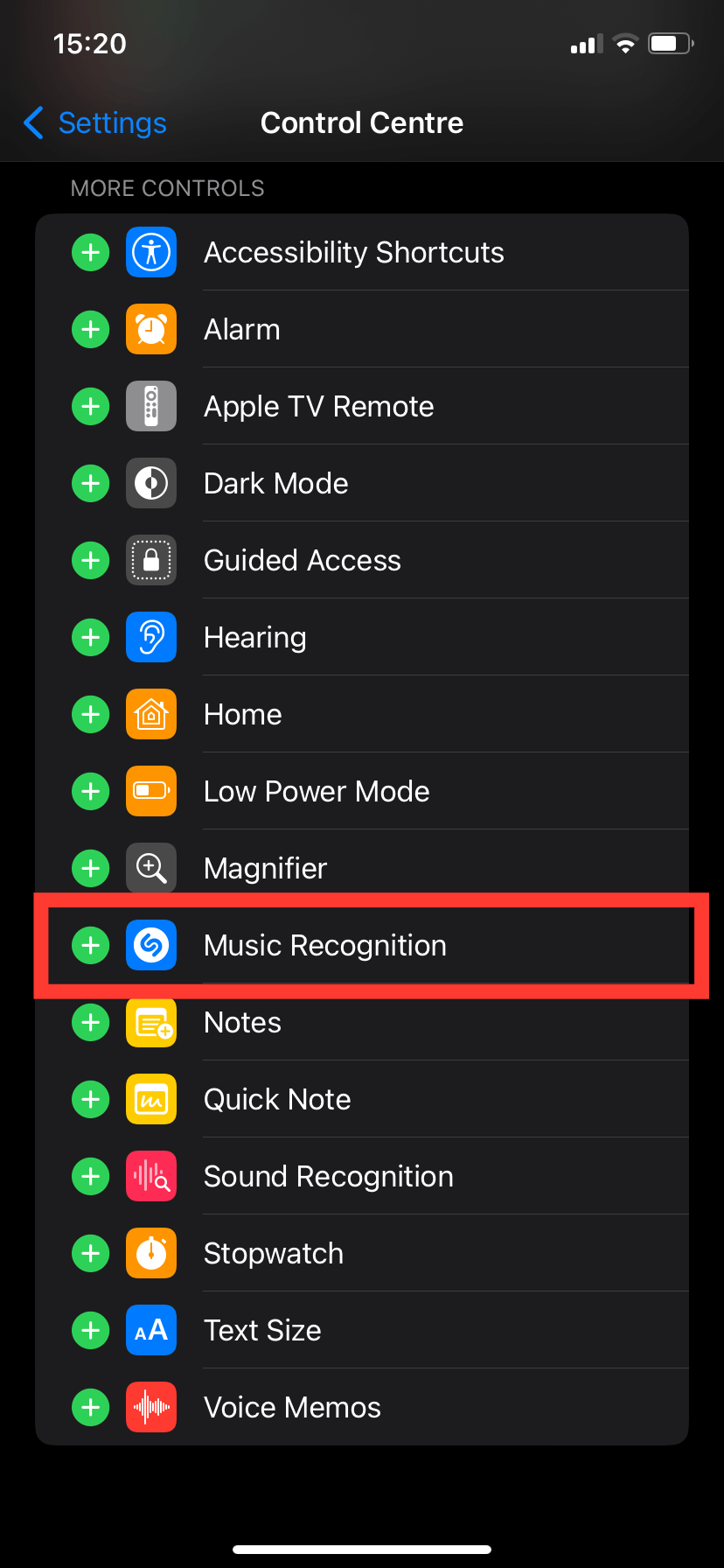 iOS Control Centre settings inside the Settings menu