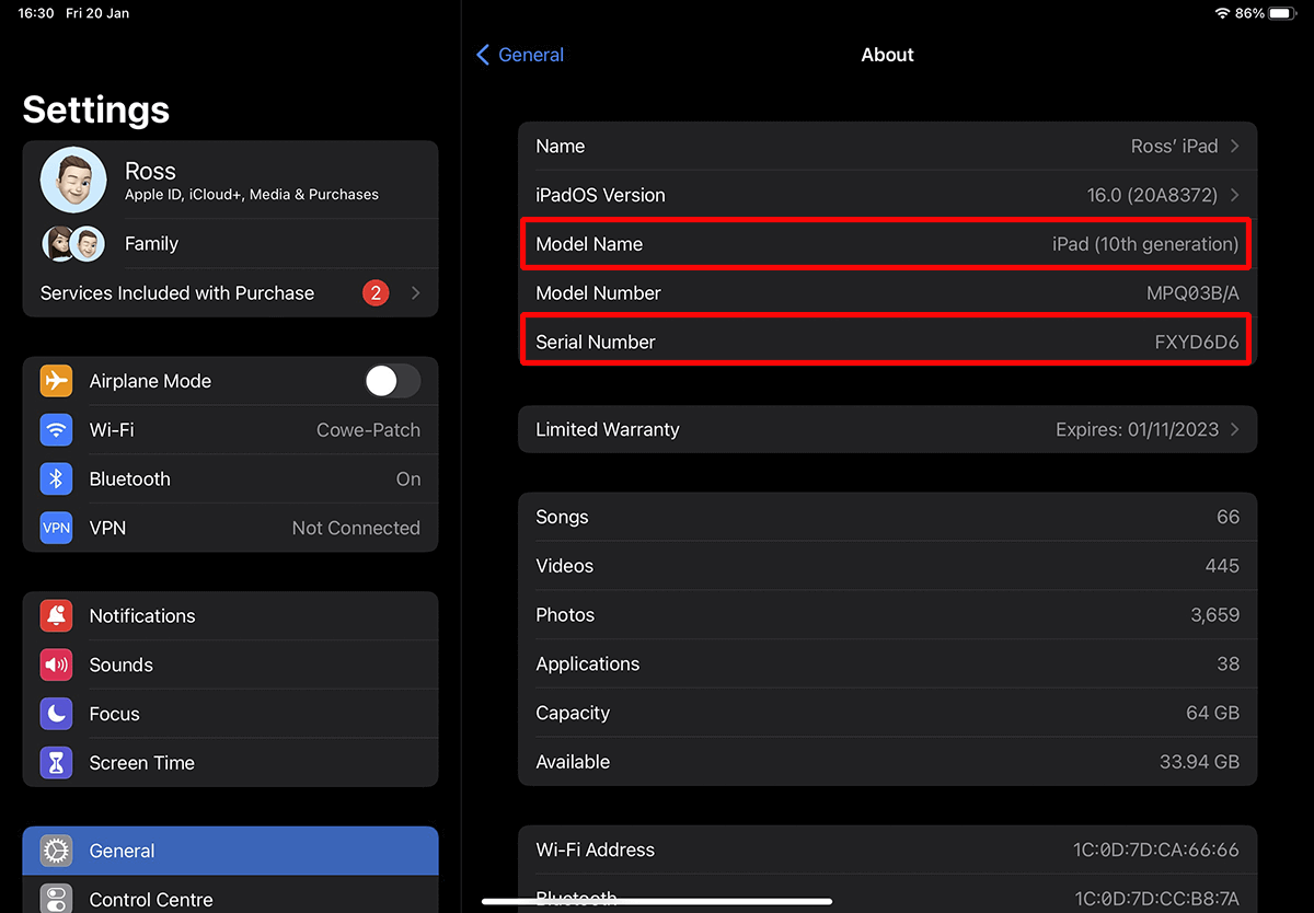The settings > general menu of an iPad which will tell you the model name and the serial number.