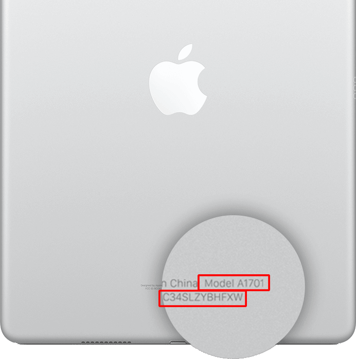 The back of a silver iPad where we've highlighted the model number and serial number