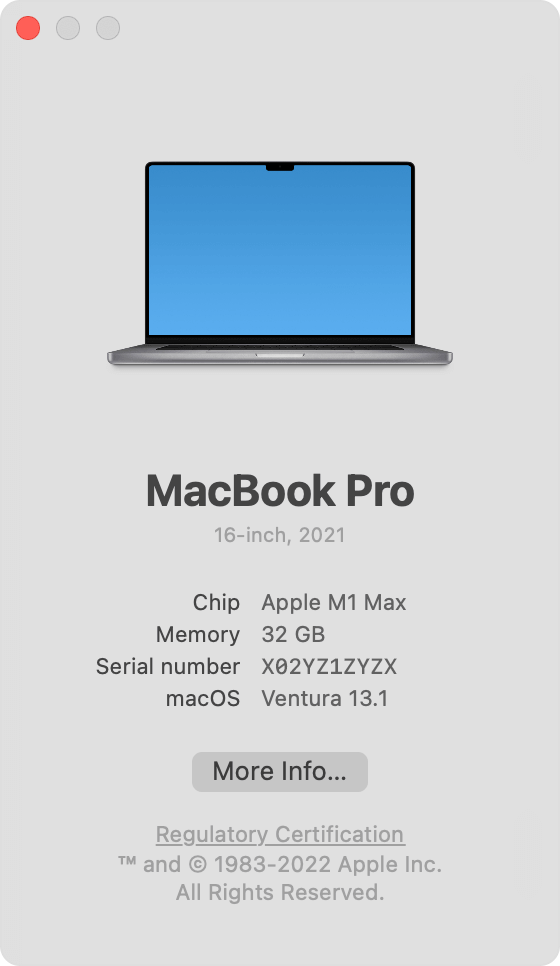 The "About this mac" screen on a MacBook pro running mac OS Ventura.