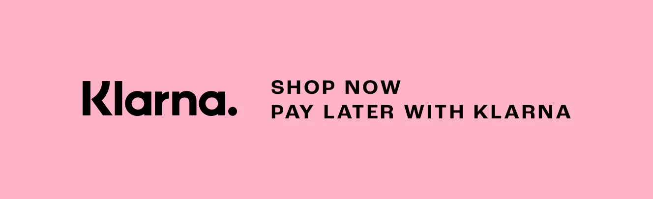Salmon pink Klarna banner that says, Klarna. Shop now, pay later with Klarna.