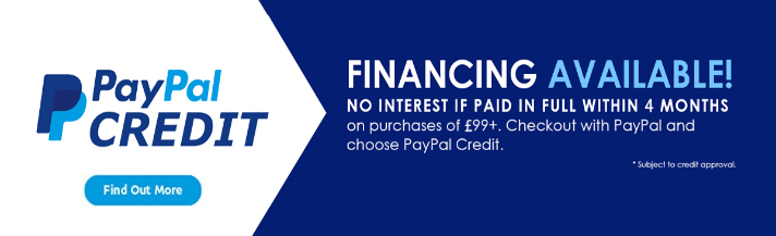 Blue and white Paypal banner, which says, Paypal Credit financing available. No interest if paid in full within 4 months.